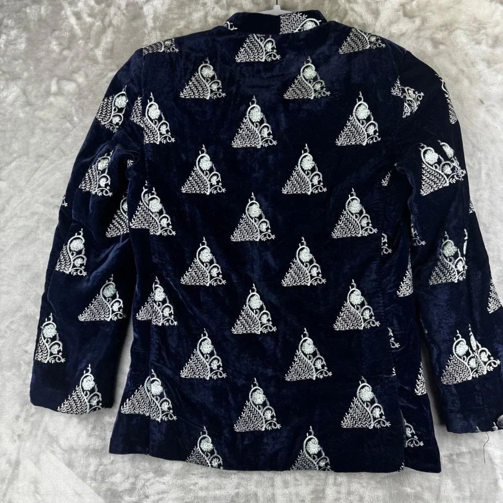 Mimic Velvet Blazer Kids Size‎ 9 Navy Blue Embroidered Mandarin Collar (1640)